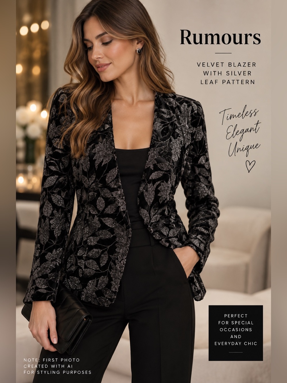 ๐ค Rumours Black Velvet Blazer with Silver Leaf Pattern โ Estimated Size M